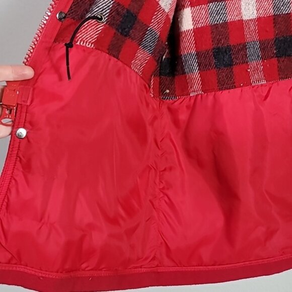Vintage Woolrich Women Wool Chore Coat Size S Red Plaid Hooded Barn Zip Button - Picture 11 of 16